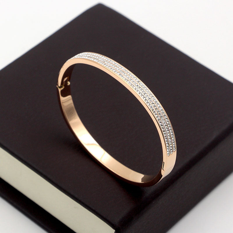 Half Circle Three Rows Full Diamond Rose Gold Concealed Buckle Bracelet Titanium Steel Rose Gold Bracelet Women