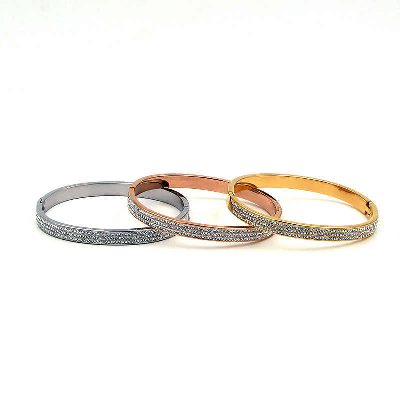 Half Circle Three Rows Full Diamond Rose Gold Concealed Buckle Bracelet Titanium Steel Rose Gold Bracelet Women