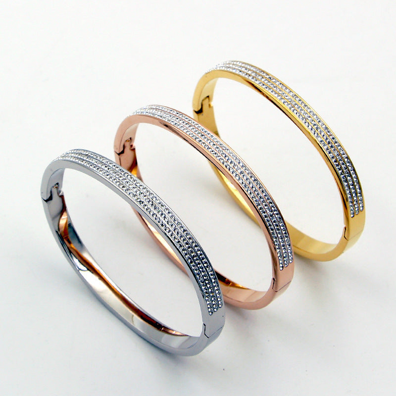 Half Circle Three Rows Full Diamond Rose Gold Concealed Buckle Bracelet Titanium Steel Rose Gold Bracelet Women