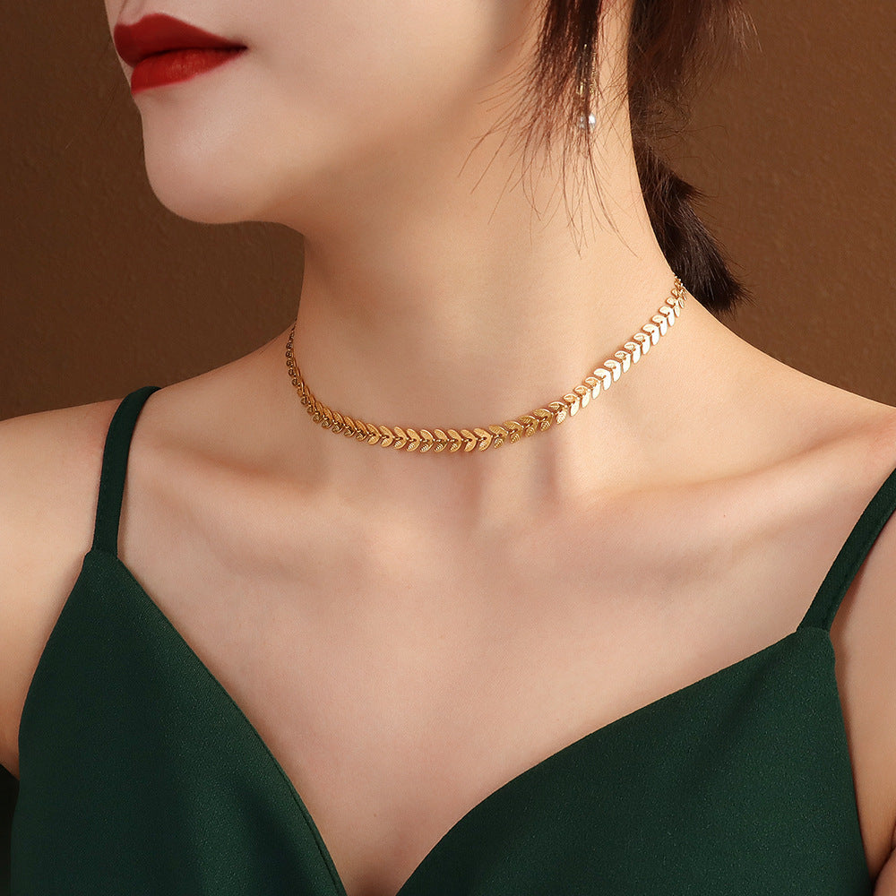 Ins European And American Wheat Leaves Phoenix Tail Necklace Pearl Earrings Jewelry Titanium Steel Plated 18K Gold Color Protection