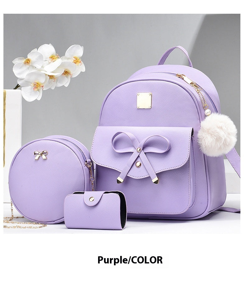 Fashion Women's Bags PU Bow Composite Bag Young Girl Student Cute Shoulders Backpack Crossbody Bags Coin Purse 3pcs Set