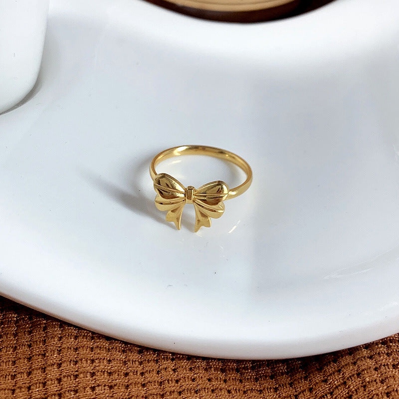 Bow Light Luxury Minority Design High-grade Gold Titanium Steel No Fading Ring For Women