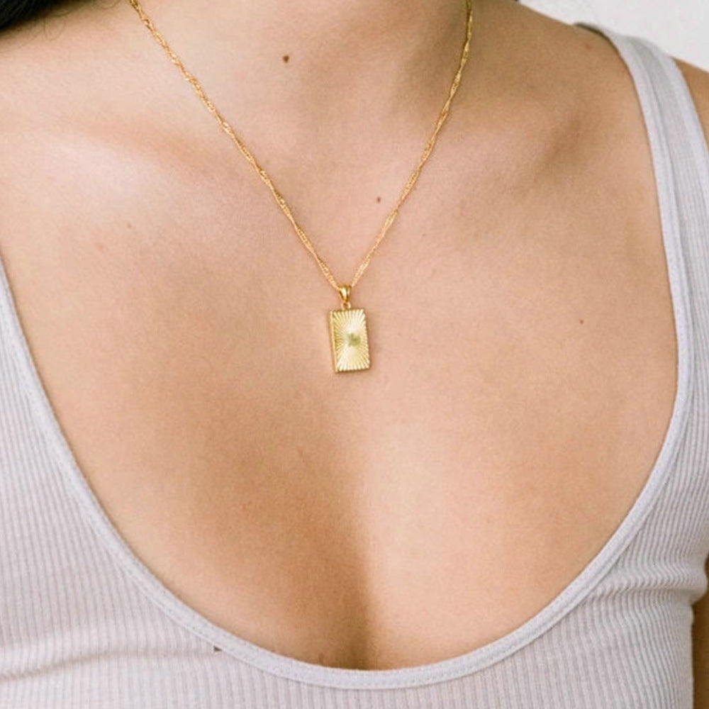 New Sunshine Coin Necklace 18K Gold Plated 316L Stainless Steel Rectangular Pendant