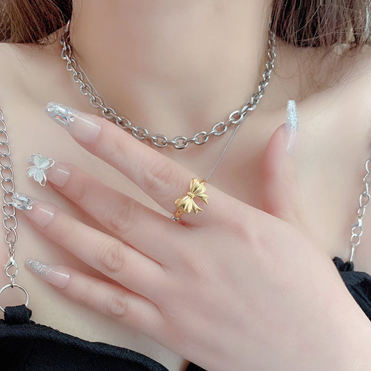 Bow Light Luxury Minority Design High-grade Gold Titanium Steel No Fading Ring For Women