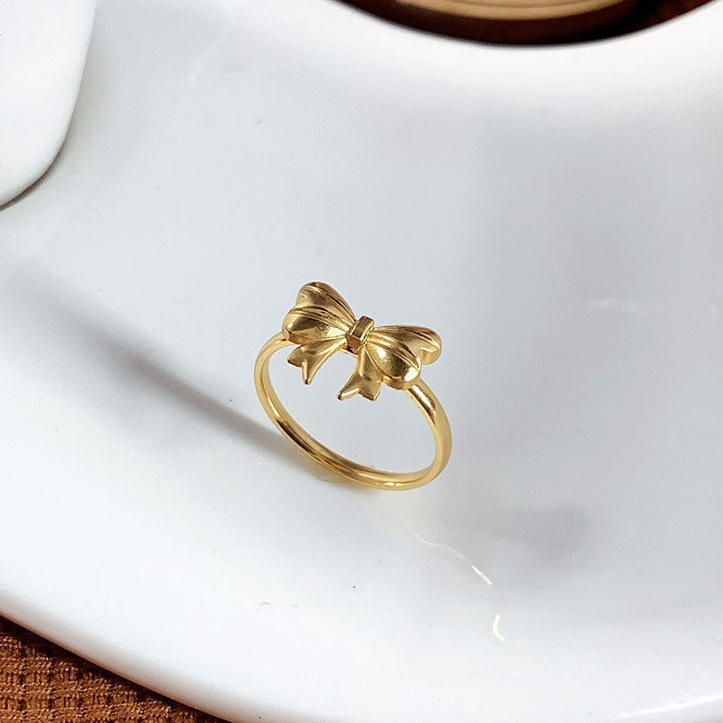 Bow Light Luxury Minority Design High-grade Gold Titanium Steel No Fading Ring For Women