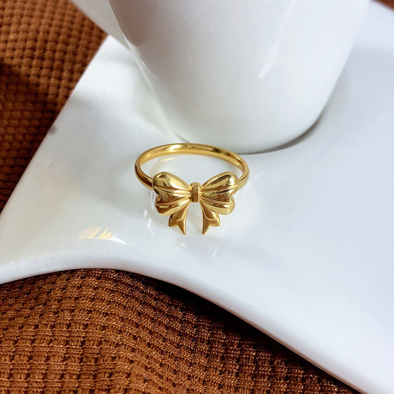 Bow Light Luxury Minority Design High-grade Gold Titanium Steel No Fading Ring For Women