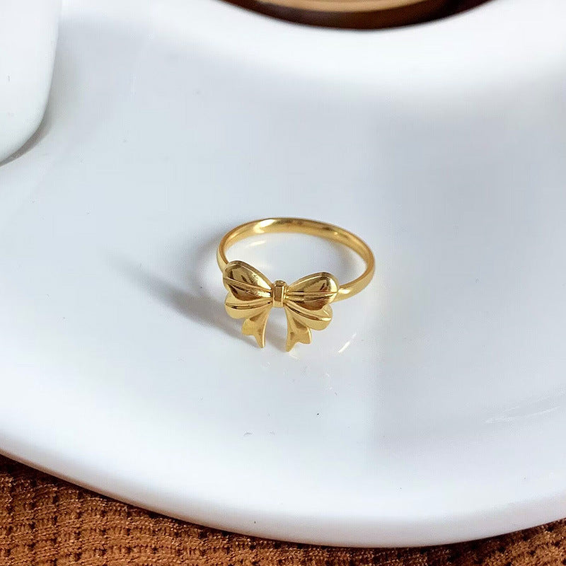 Bow Light Luxury Minority Design High-grade Gold Titanium Steel No Fading Ring For Women
